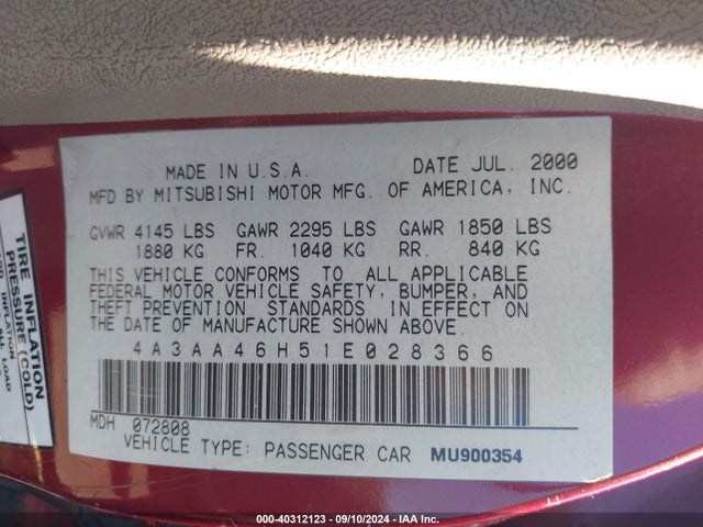 2001 MITSUBISHI GALANT 4A3AA46H51E028366 Photo 8