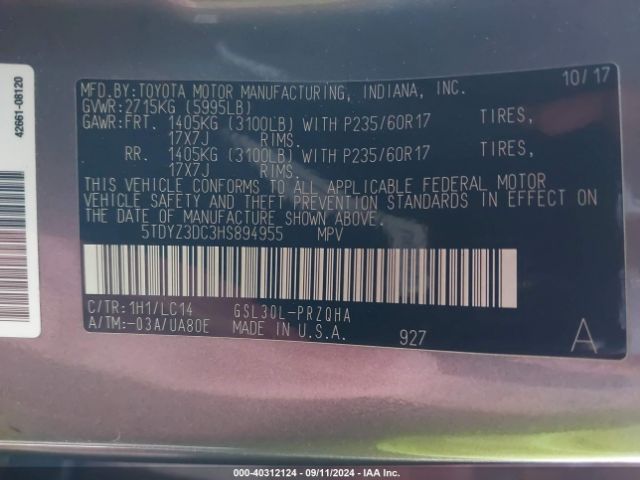 5TDYZ3DC3HS894955 Toyota Sienna Xle 8 Passenger