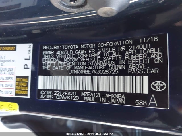 Toyota COROLLA SE 2019 JTNK4RBE7K3028725 Image 9