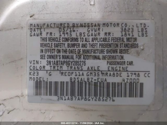 3N1AB7AP8GY285276 Nissan Sentra Fe+ S/s/sl/sr/sv