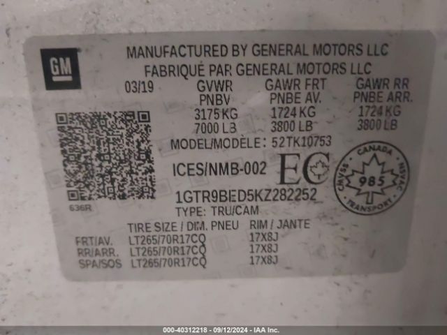 1GTR9BED5KZ282252 GMC Sierra 1500 Sle