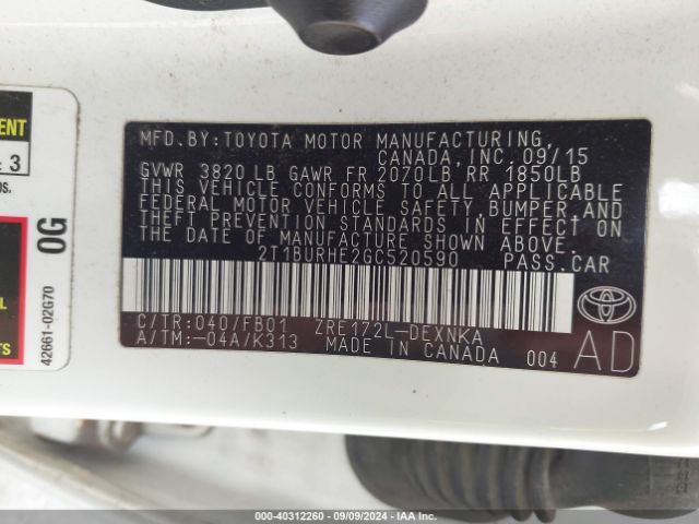2T1BURHE2GC520590 Toyota Corolla Le Plus