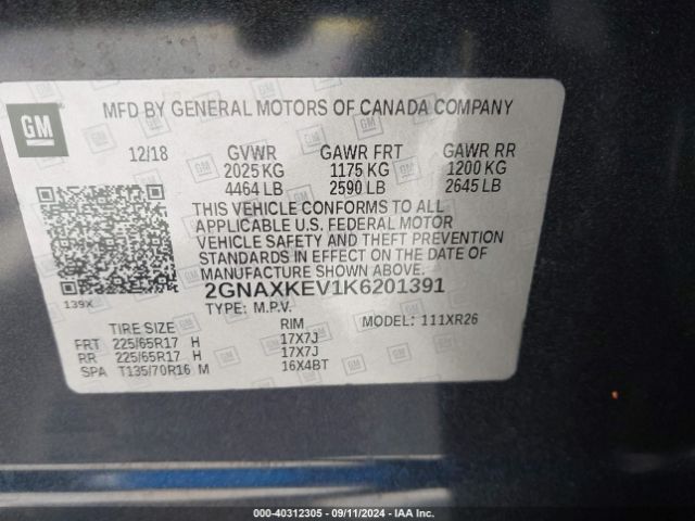 2GNAXKEV1K6201391 Chevrolet EQUINOX LT