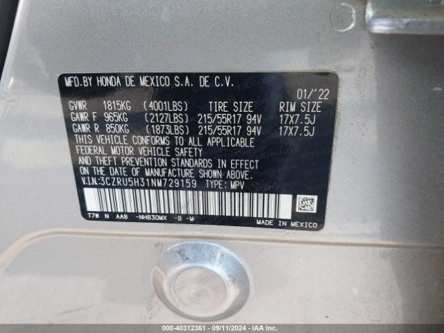 3CZRU5H31NM729159 Honda Hr-v 2wd Lx
