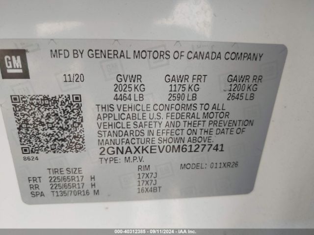 2GNAXKEV0M6127741 Chevrolet Equinox Fwd Lt