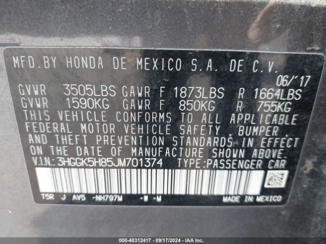 3HGGK5H85JM701374 Honda FIT EX