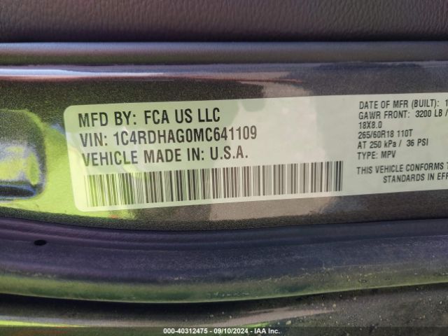 1C4RDHAG0MC641109 Dodge Durango Sxt Rwd