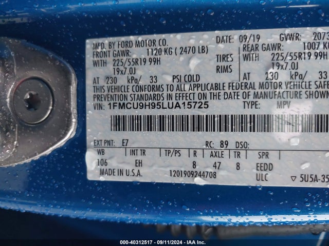 1FMCU9H95LUA15725 Ford ESCAPE SEL