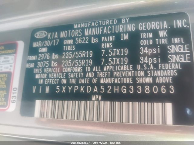 5XYPKDA52HG338063 KIA Sorento 3.3l Sx