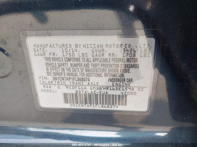 Nissan Versa 1.6 S+ 2015 3N1CN7AP1FL868574 Image 9