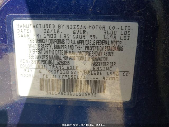 3N1CP5CU6JL525835 Nissan KICKS SV
