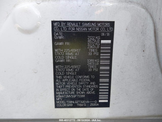 Nissan ROGUE SV 2016 KNMAT2MV5GP711188 Image 9