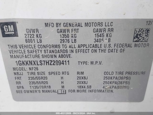 1GKKNXLS7HZ209411 GMC Acadia Denali