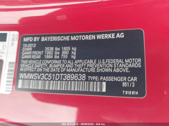 2013 MINI HARDTOP WMWSV3C51DT389638 Photo 8