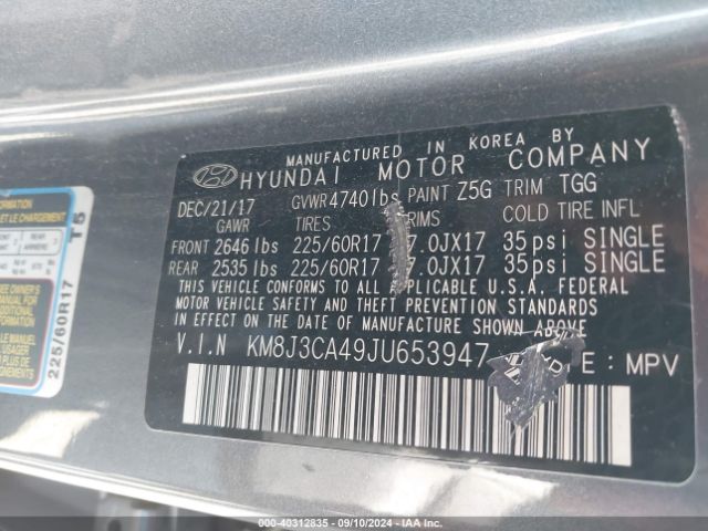 KM8J3CA49JU653947 Hyundai TUCSON SEL