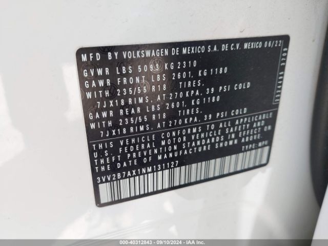 3VV2B7AX1NM131127 Volkswagen Tiguan 2.0t Se