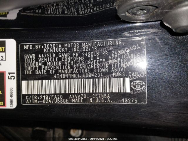 4T1B11HK4JU084234 Toyota CAMRY LE