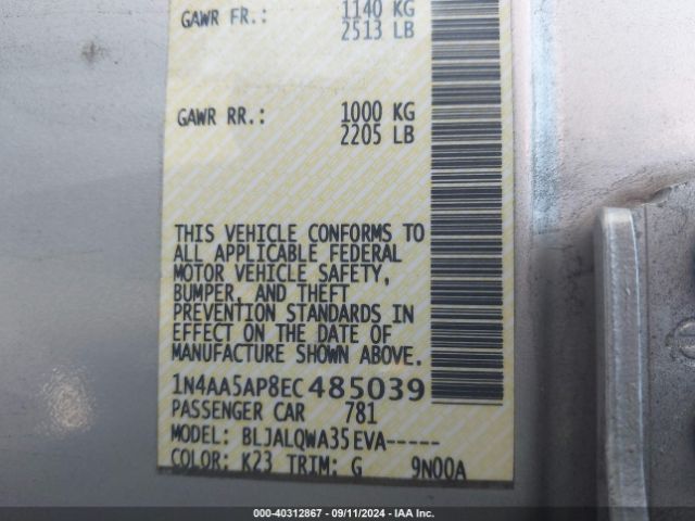 1N4AA5AP8EC485039 Nissan Maxima 3.5 S/3.5 Sv