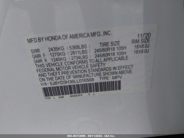 5J8YD3H36LL016568 Acura Mdx Standard