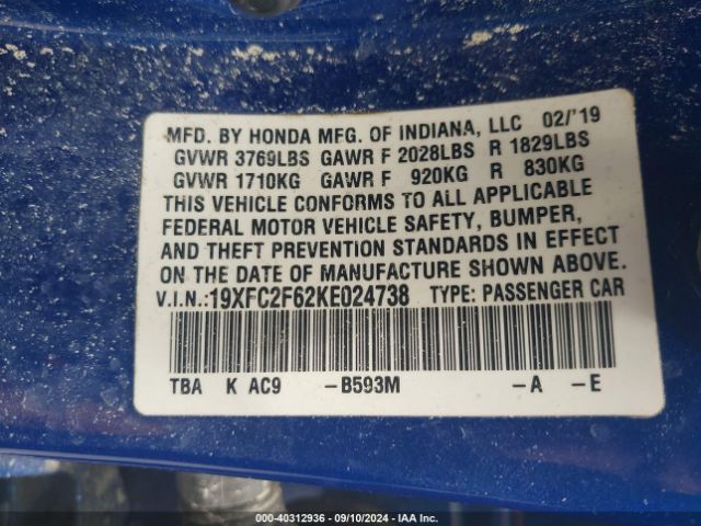 19XFC2F62KE024738 Honda Civic Lx