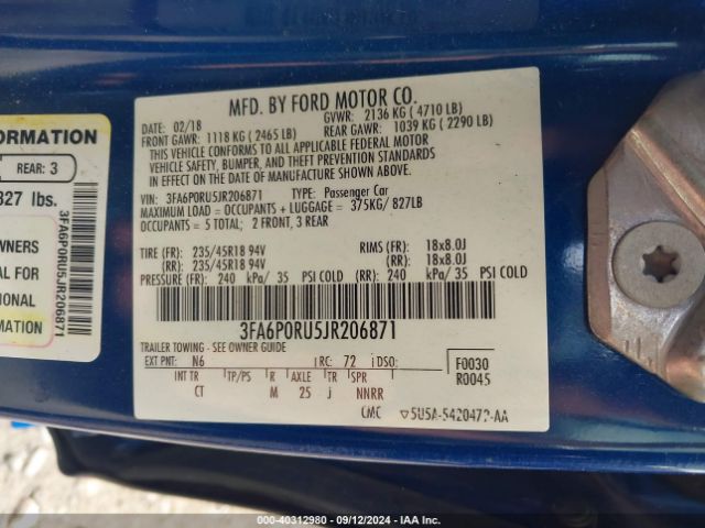 3FA6P0RU5JR206871 Ford Fusion Hybrid Titanium