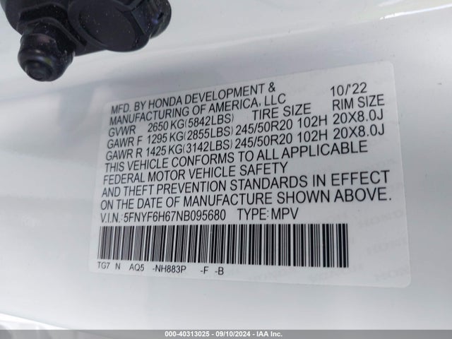 Honda Pilot Awd Touring 7 Passenger 2022 5FNYF6H67NB095680 Image 9