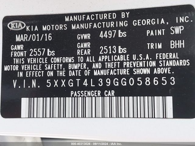 5XXGT4L39GG058653 KIA Optima Lx