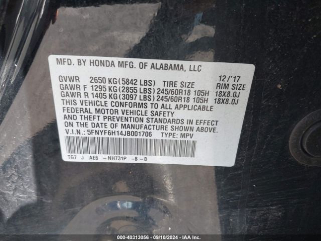 5FNYF6H14JB001706 Honda PILOT LX
