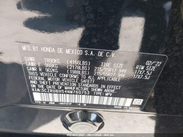 3CZRU6H54NM760753 Honda Hr-v Awd Ex
