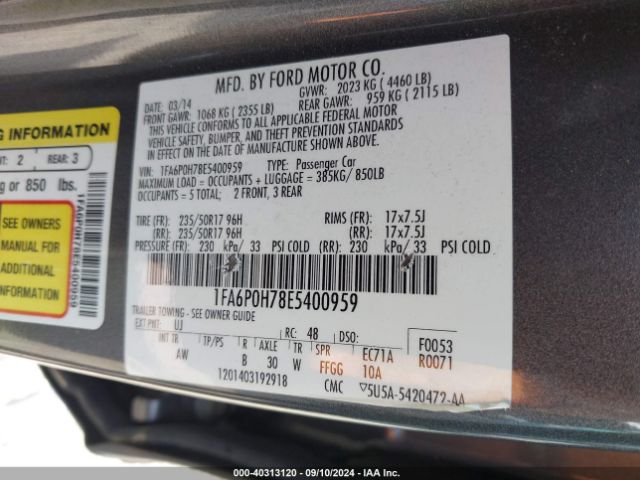 1FA6P0H78E5400959 Ford FUSION SE