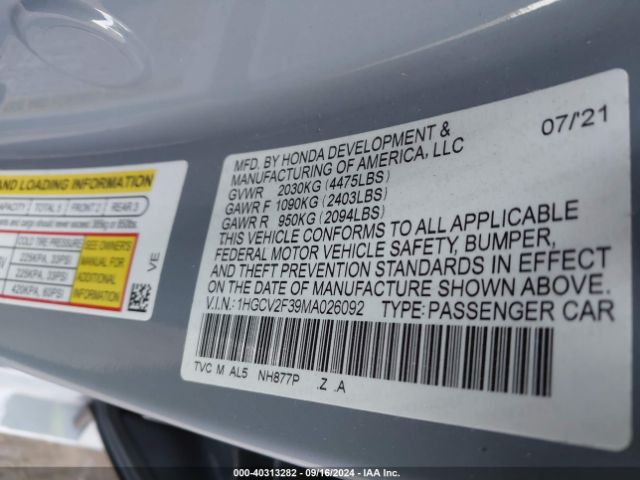 1HGCV2F39MA026092 Honda Accord Sport 2.0t