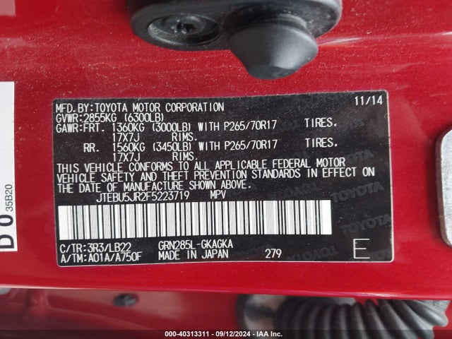 JTEBU5JR2F5223719 Toyota 4runner Sr5 Premium