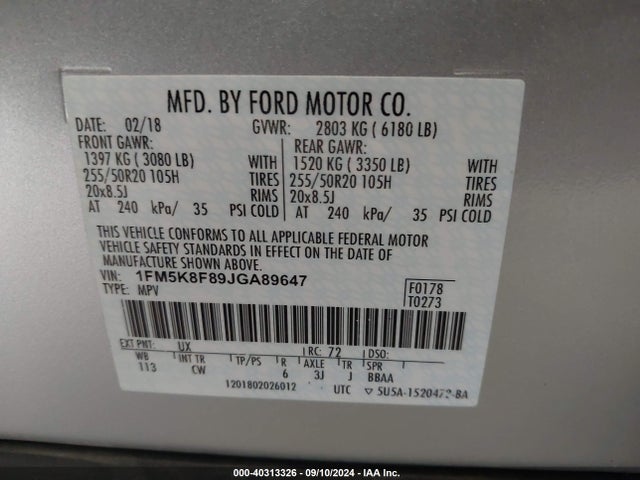 Ford Explorer Limited 2018 1FM5K8F89JGA89647 Image 9