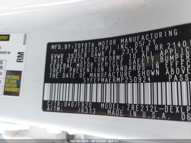 Toyota COROLLA LE 2021 5YFEPMAE6MP250924 Image 9