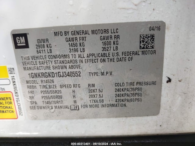 Chevrolet Traverse 1lt 2016 1GNKRGKD1GJ340552 Image 9