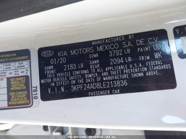 3KPF24AD8LE213836 KIA Forte Lxs