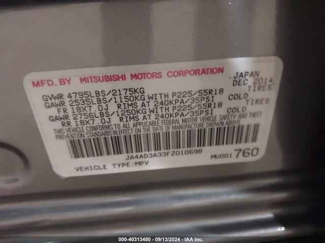 2015 MITSUBISHI OUTLANDER JA4AD3A33FZ010698 Photo 8