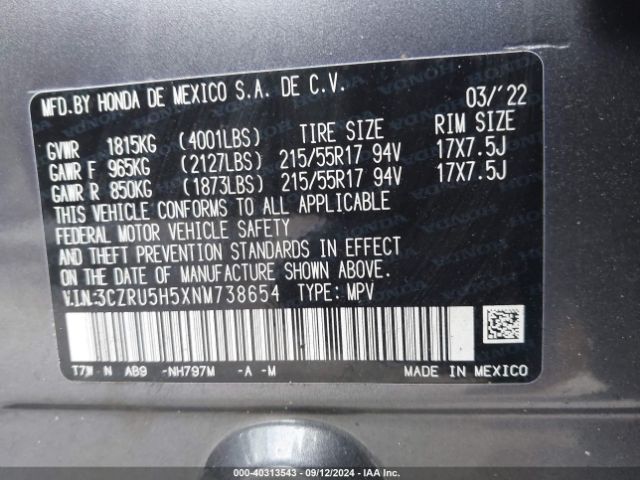 3CZRU5H5XNM738654 Honda Hr-v 2wd Ex