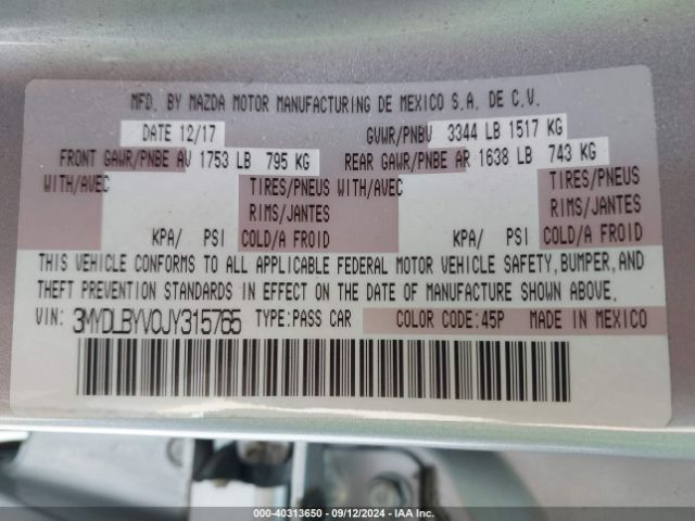 3MYDLBYV0JY315765 Toyota YARIS IA