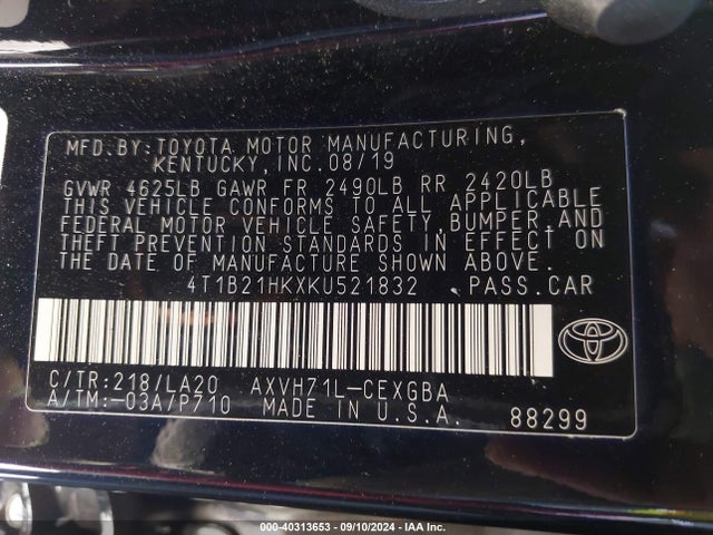 40313653 :رقم المزاد ، 4T1B21HKXKU521832 vin ، 2019 Toyota Camry Hybrid Xle مزاد بيع