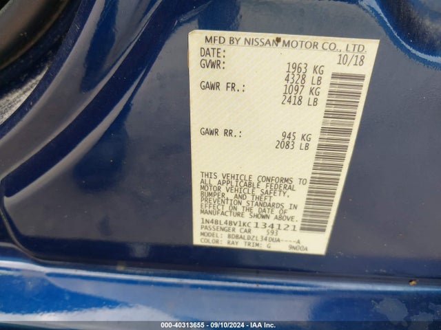 Продаж на аукціоні авто 2019 Nissan Altima 2.5 S, vin: 1N4BL4BV1KC134121, номер лоту: 40313655