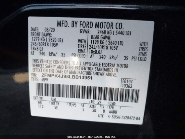 2FMPK4J98LBB13951 Ford EDGE SEL