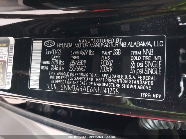 5NMJA3AE6NH141255 Hyundai TUCSON SE