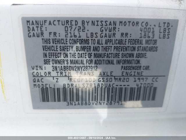 Nissan Sentra Sr Xtronic Cvt 2022 3N1AB8DV2NY287912 Image 9