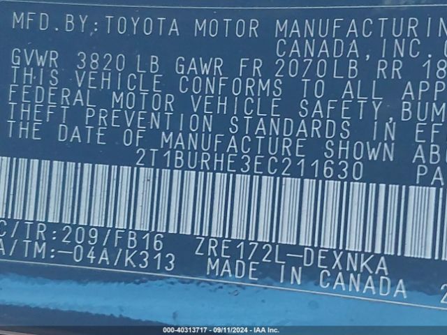 2T1BURHE3EC211630 Toyota Corolla Le Plus