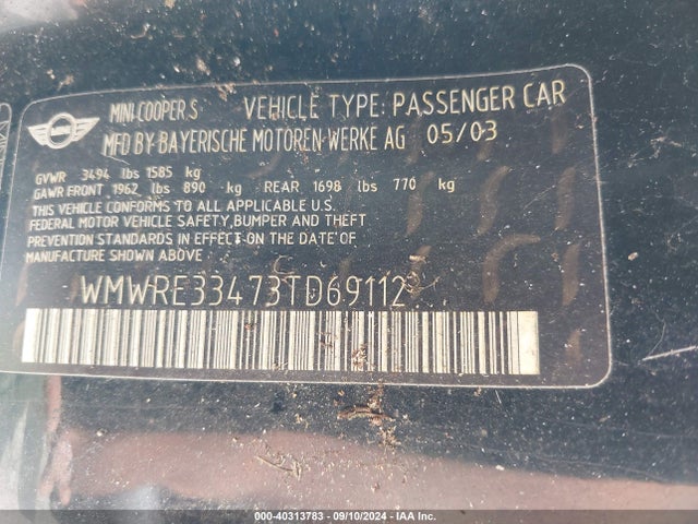 2003 MINI COOPER S WMWRE33473TD69112 Photo 8