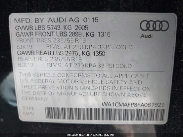 WA1CMAFP8FA087929 Audi Q5 3.0 Tdi Premium Plus
