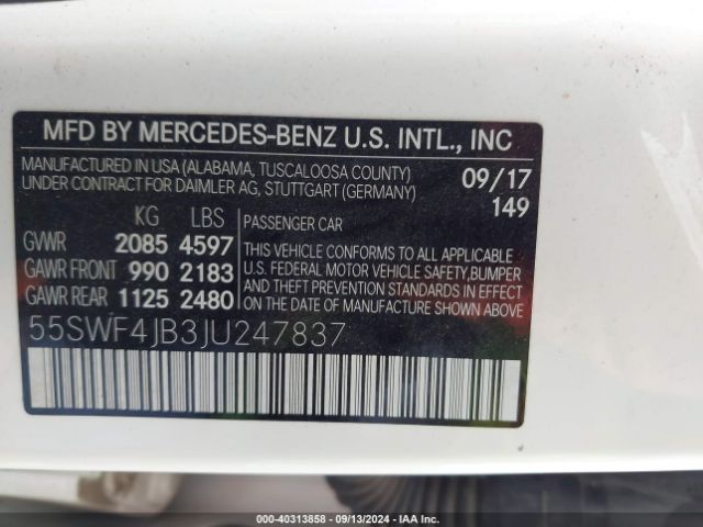 55SWF4JB3JU247837 Mercedes-Benz C 300