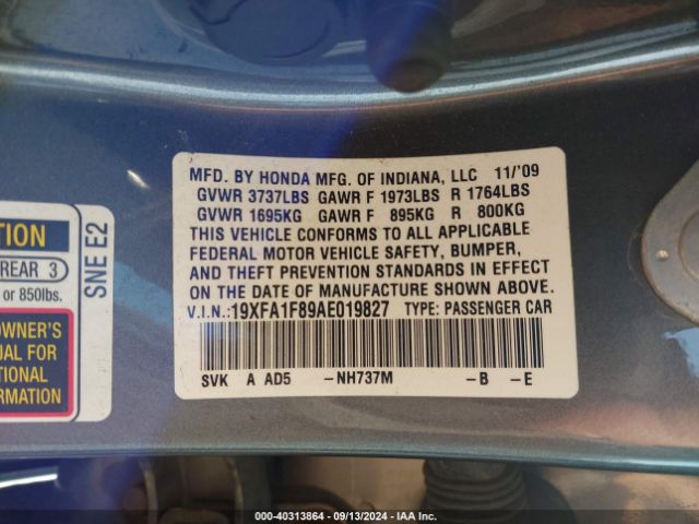 2010 HONDA CIVIC SDN 19XFA1F89AE019827 Photo 8