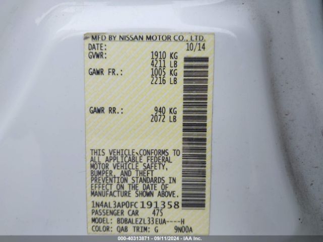 1N4AL3AP0FC191358 Nissan Altima 2.5 S